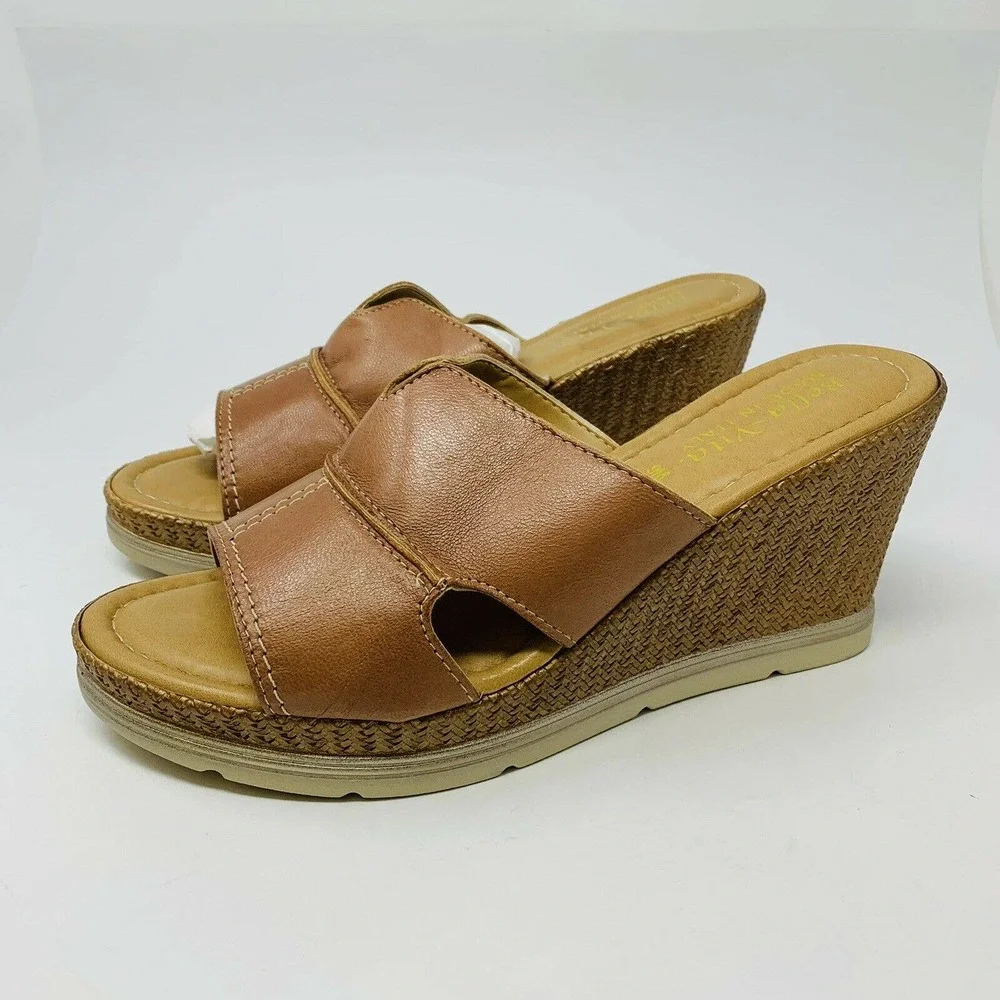 New Bella Vita Womans Sz 9M Brown Mules Wedges Made In Italy Leather NIB - Picture 5 of 7